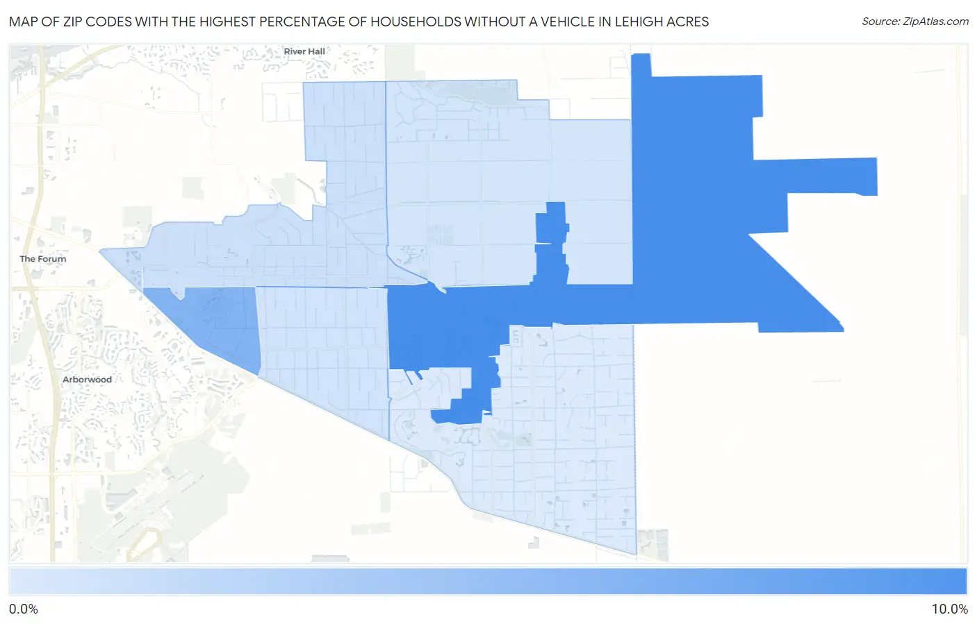 Zip Codes with the Highest Percentage of Households Without a Vehicle in Lehigh Acres Map
