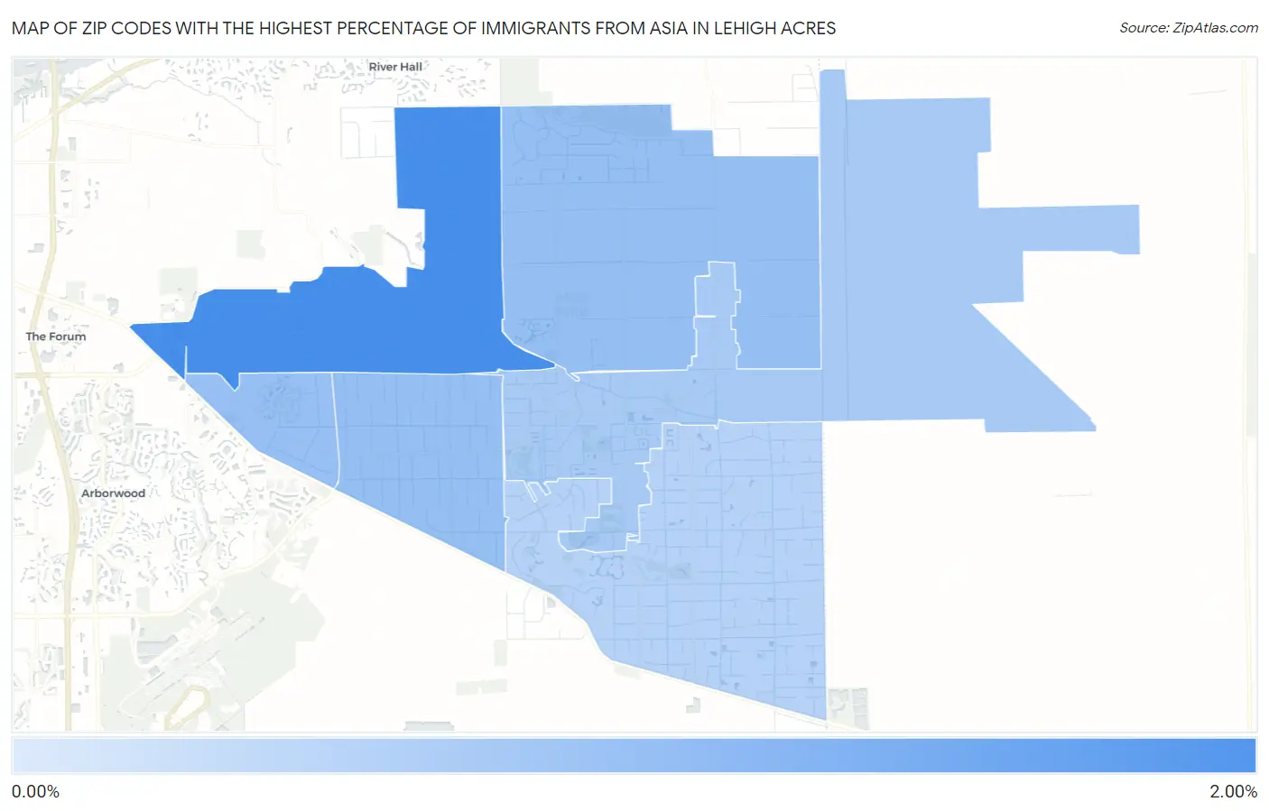 Zip Codes with the Highest Percentage of Immigrants from Asia in Lehigh Acres Map