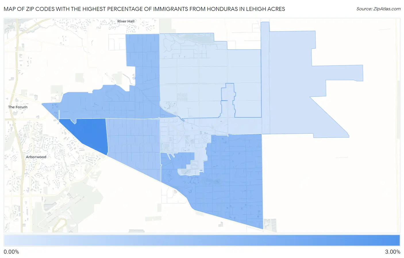 Zip Codes with the Highest Percentage of Immigrants from Honduras in Lehigh Acres Map