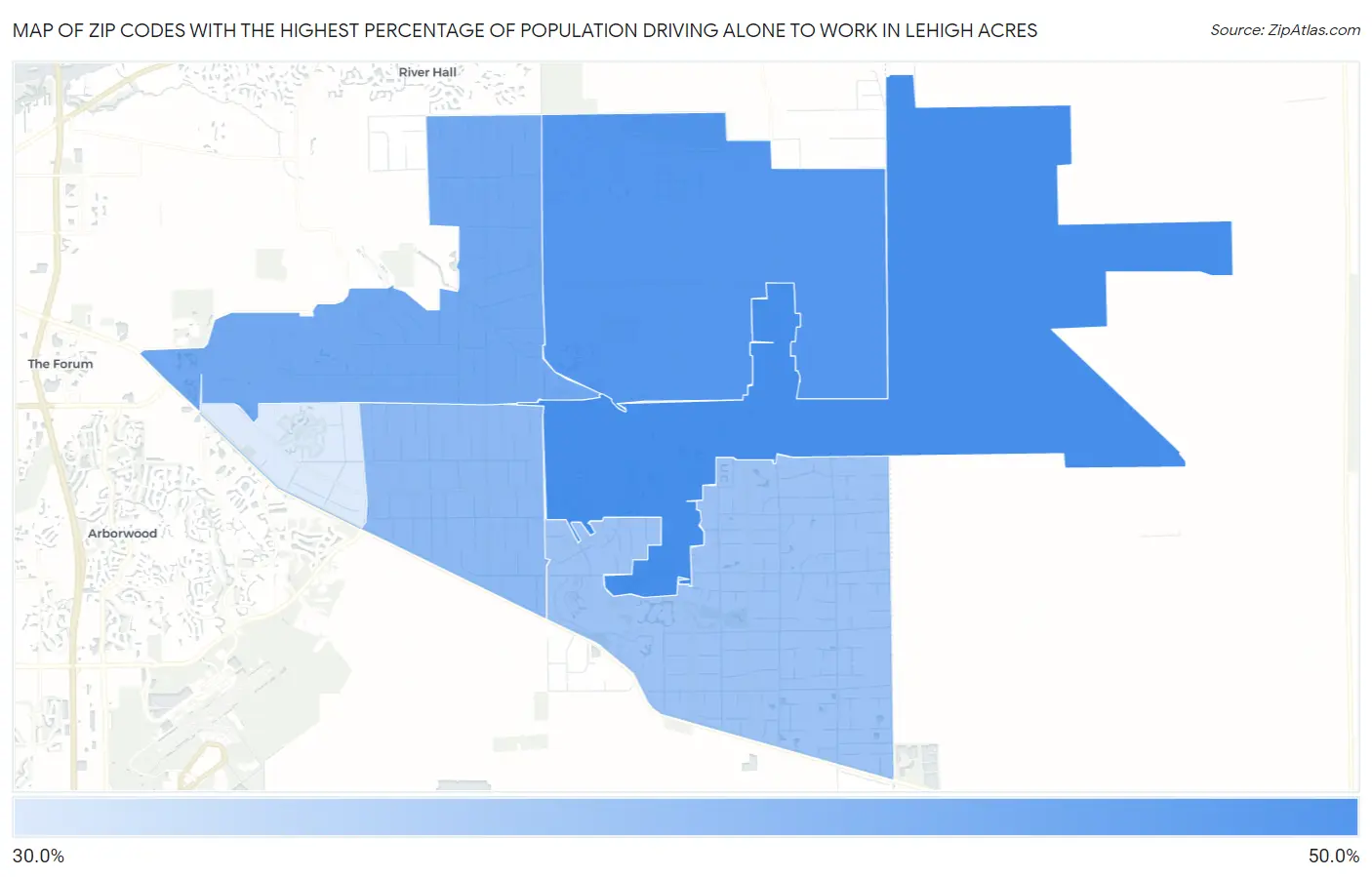 Zip Codes with the Highest Percentage of Population Driving Alone to Work in Lehigh Acres Map
