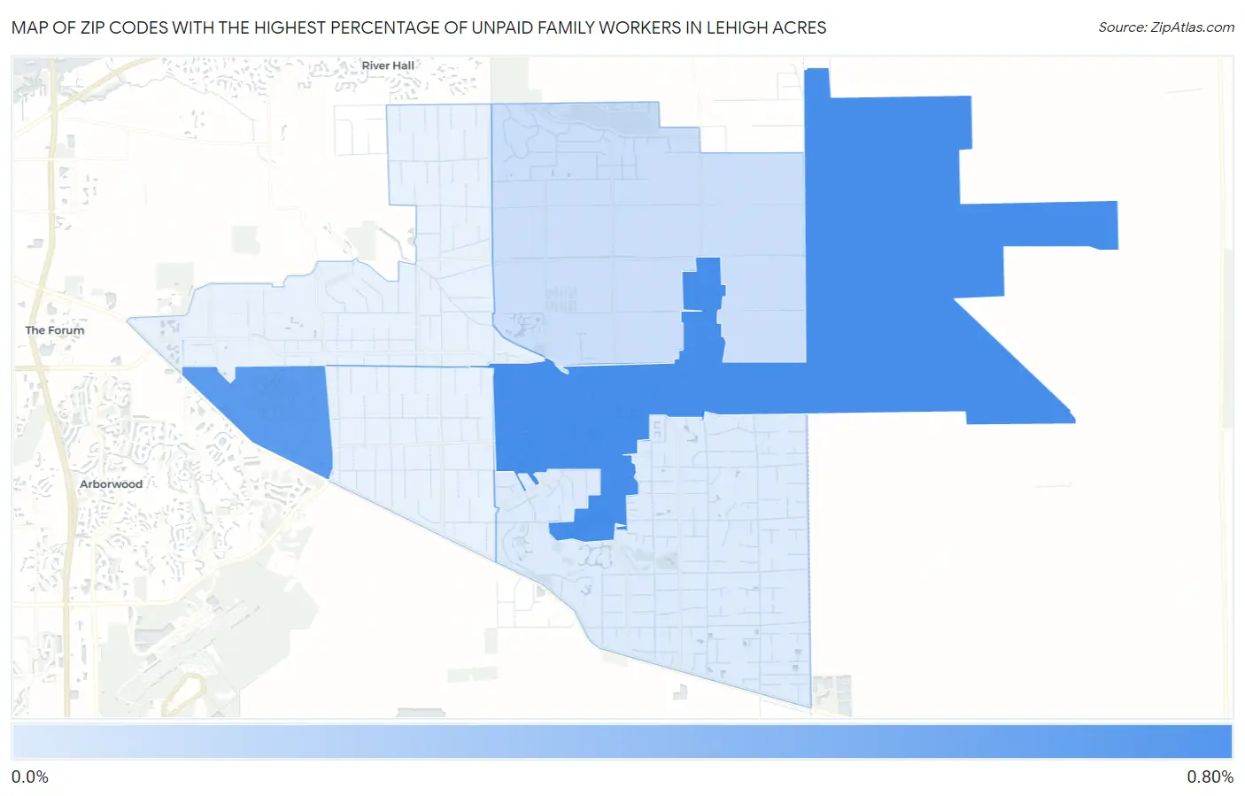Zip Codes with the Highest Percentage of Unpaid Family Workers in Lehigh Acres Map