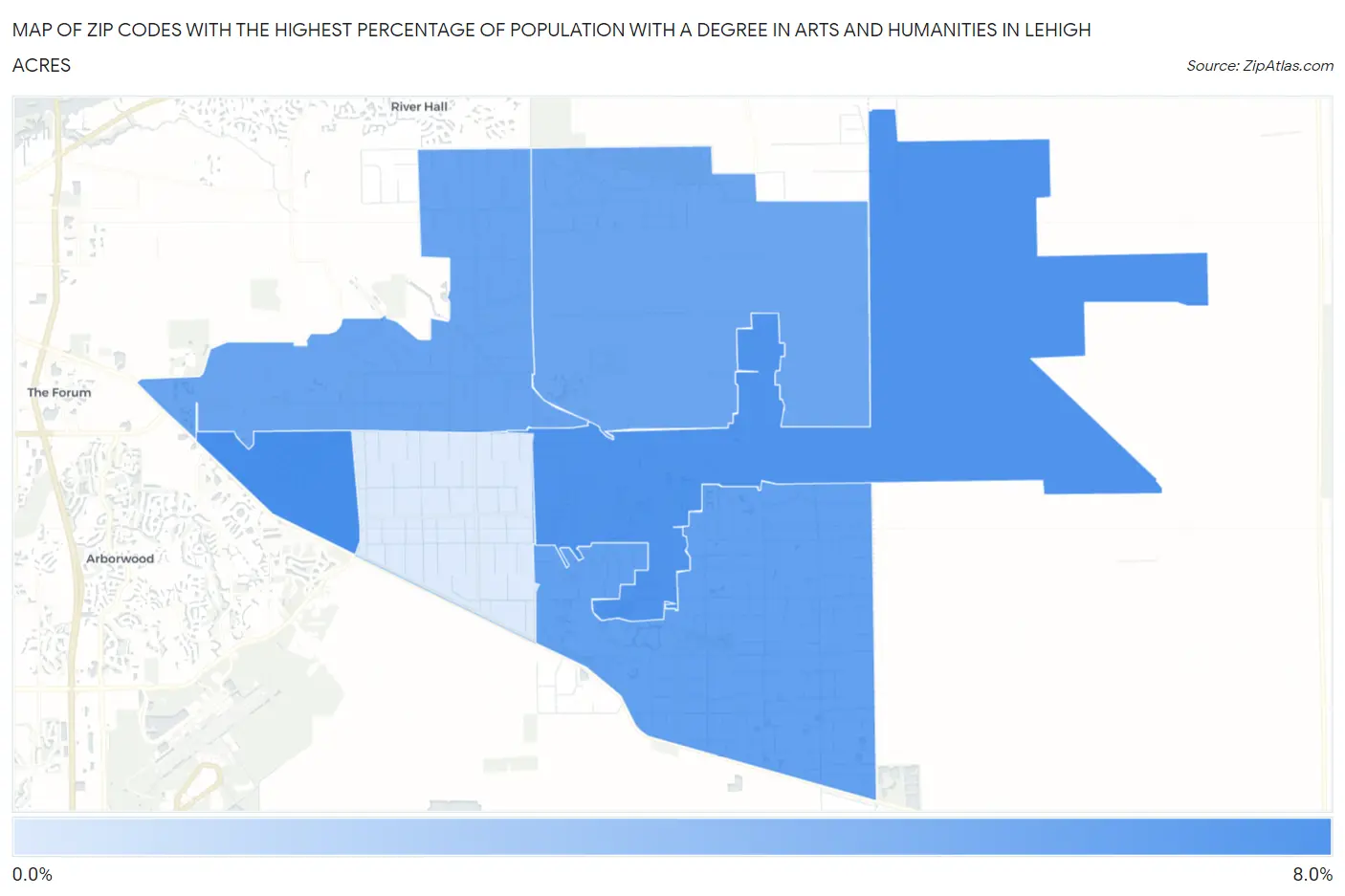 Zip Codes with the Highest Percentage of Population with a Degree in Arts and Humanities in Lehigh Acres Map