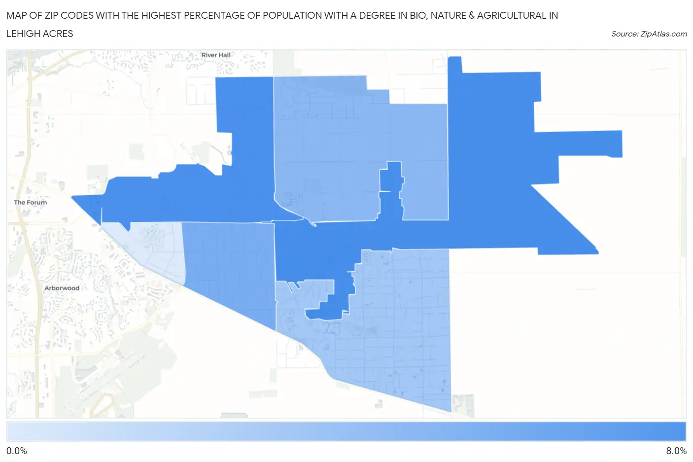 Zip Codes with the Highest Percentage of Population with a Degree in Bio, Nature & Agricultural in Lehigh Acres Map