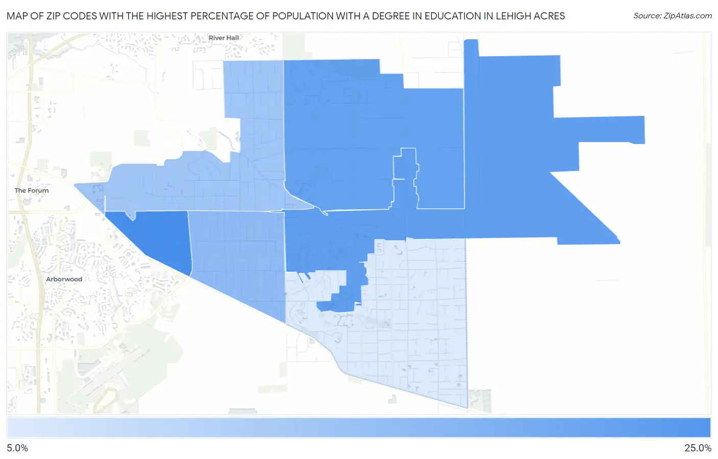 Zip Codes with the Highest Percentage of Population with a Degree in Education in Lehigh Acres Map