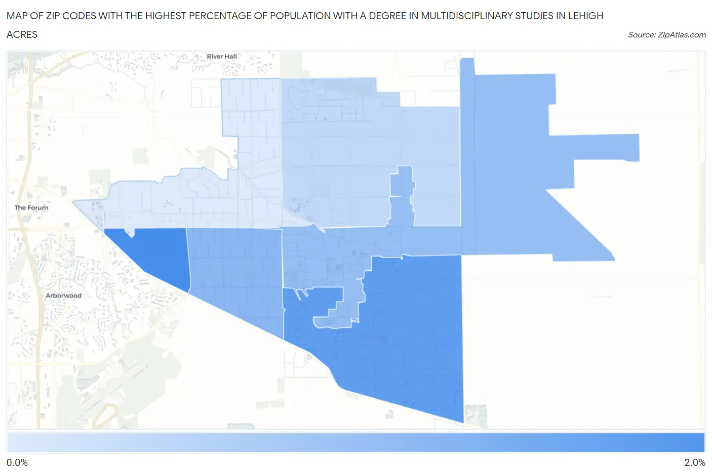 Zip Codes with the Highest Percentage of Population with a Degree in Multidisciplinary Studies in Lehigh Acres Map