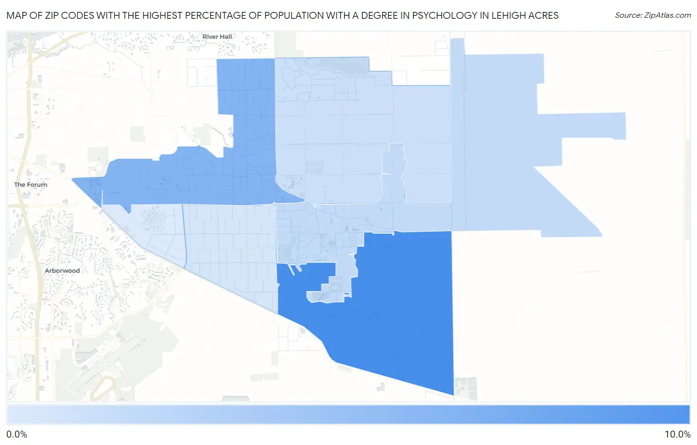 Zip Codes with the Highest Percentage of Population with a Degree in Psychology in Lehigh Acres Map