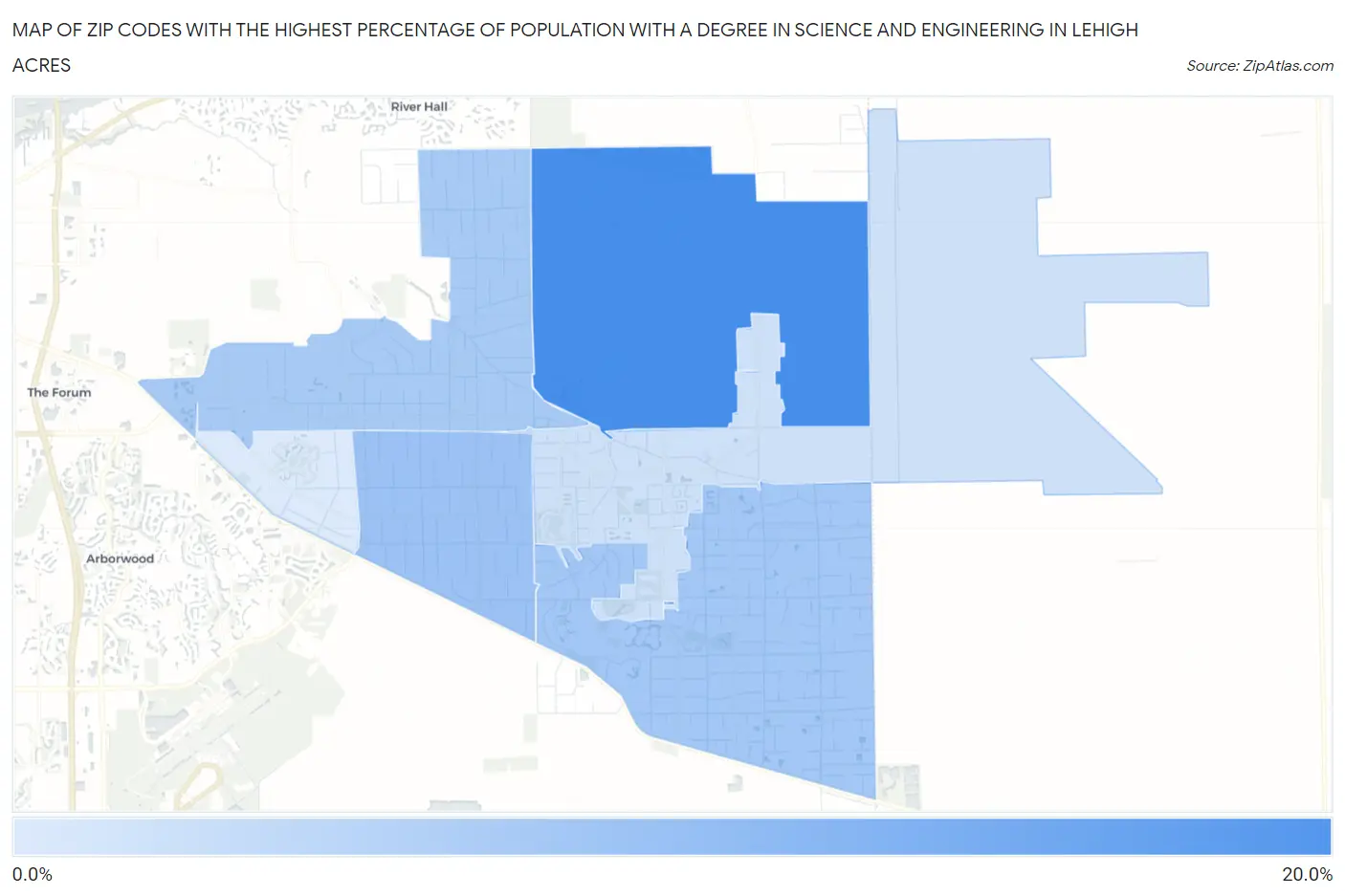 Zip Codes with the Highest Percentage of Population with a Degree in Science and Engineering in Lehigh Acres Map