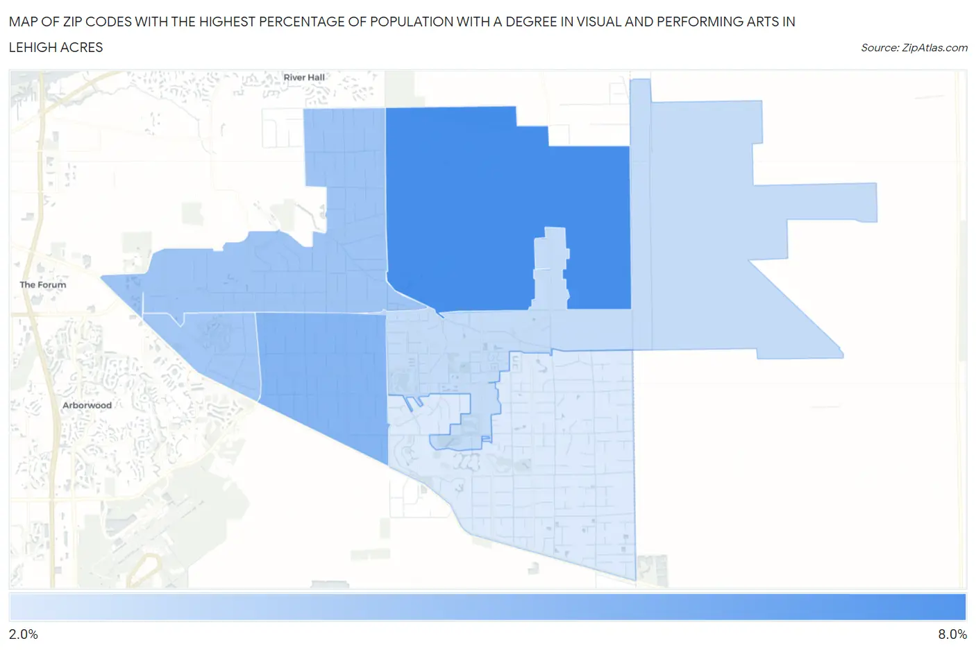 Zip Codes with the Highest Percentage of Population with a Degree in Visual and Performing Arts in Lehigh Acres Map
