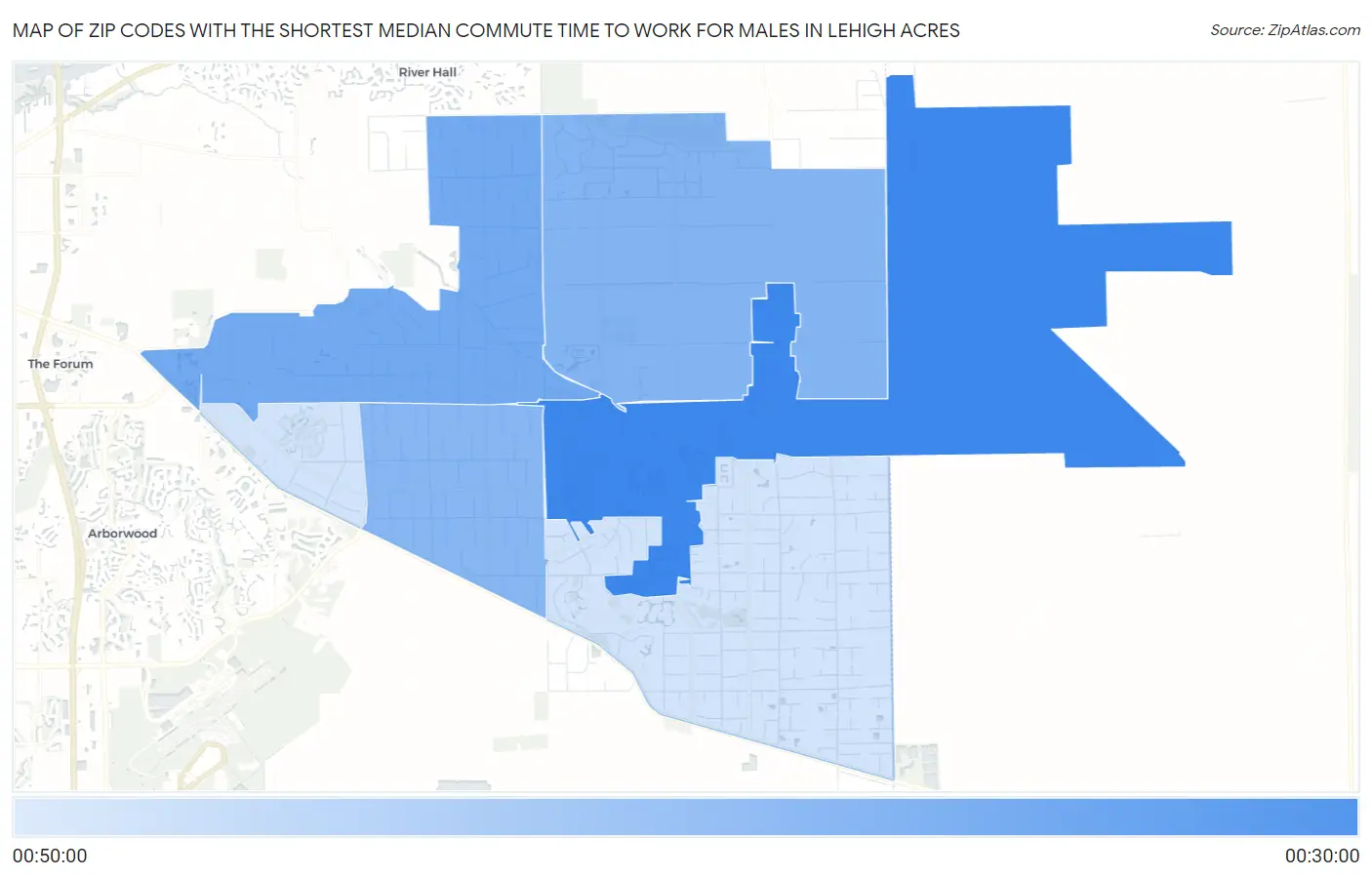 Zip Codes with the Shortest Median Commute Time to Work for Males in Lehigh Acres Map