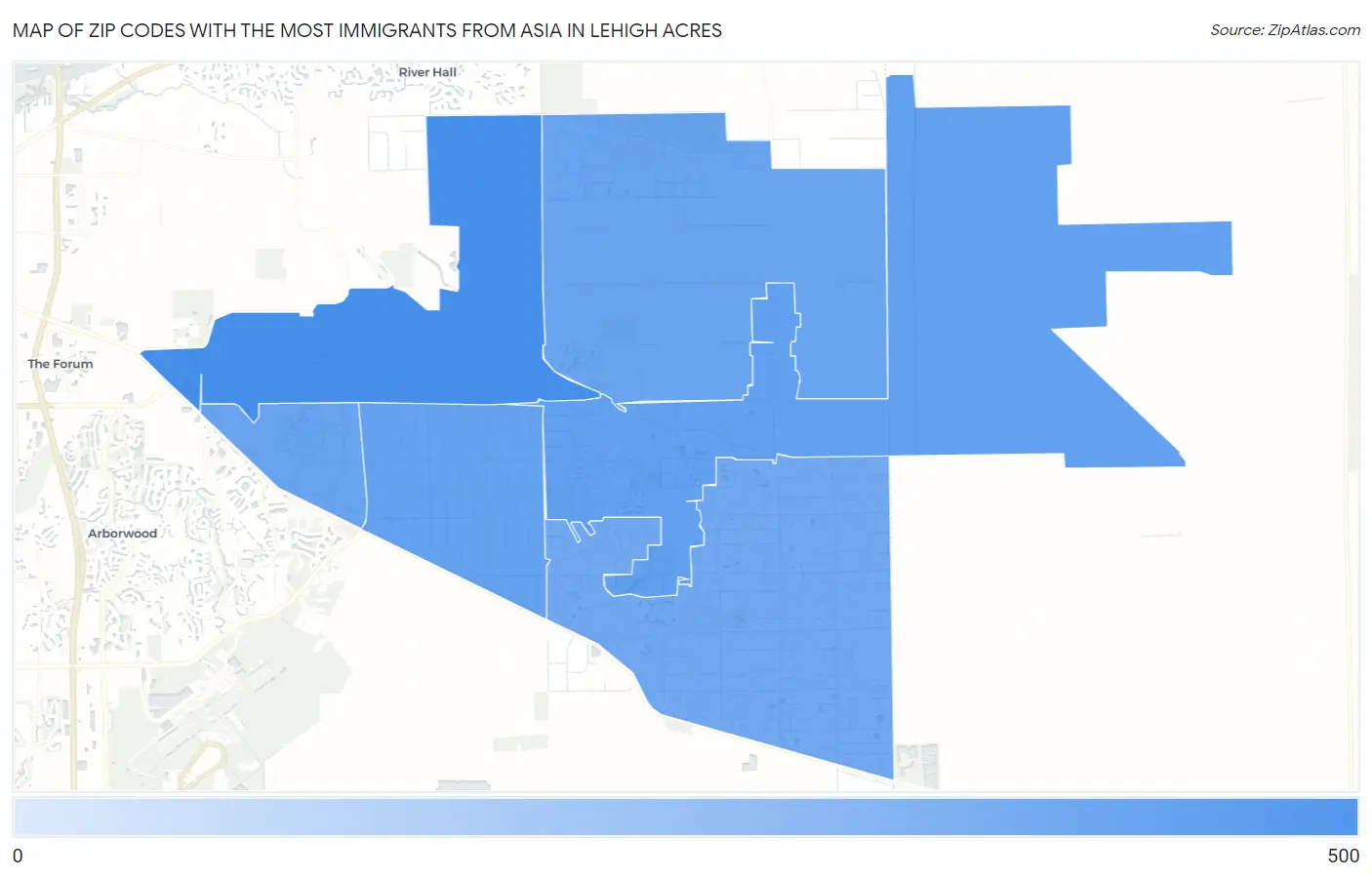Zip Codes with the Most Immigrants from Asia in Lehigh Acres Map
