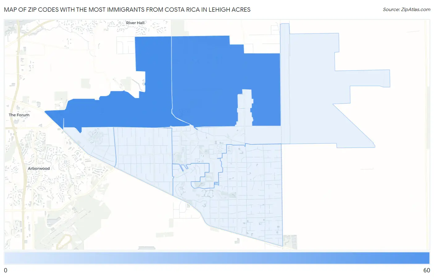 Zip Codes with the Most Immigrants from Costa Rica in Lehigh Acres Map