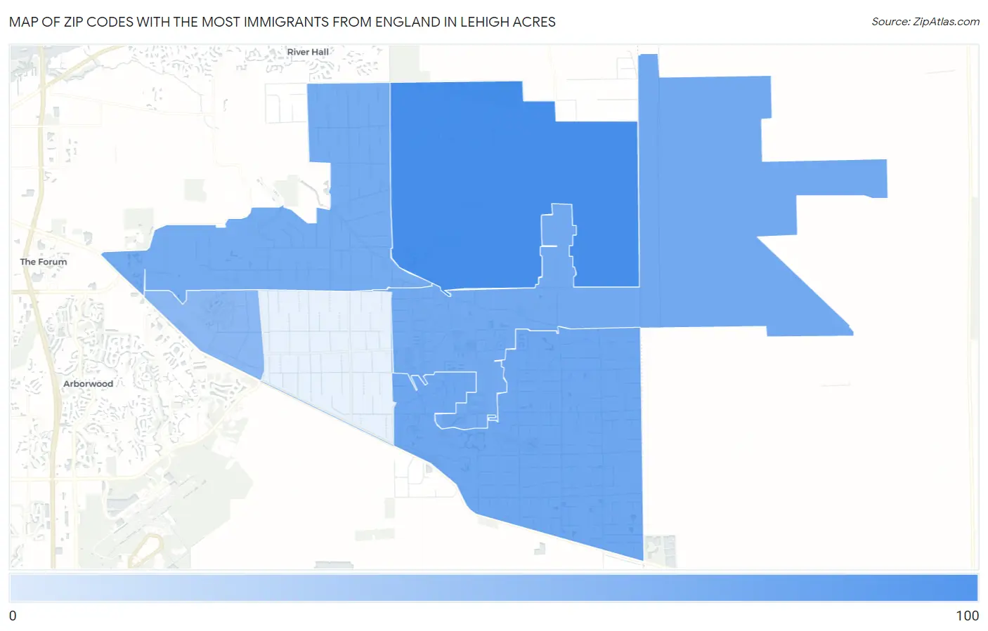 Zip Codes with the Most Immigrants from England in Lehigh Acres Map