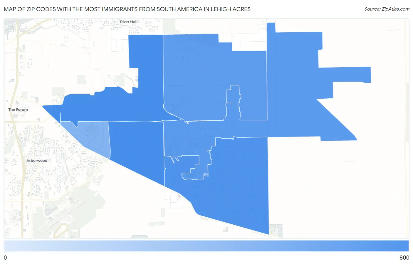 Zip Codes with the Most Immigrants from South America in Lehigh Acres Map