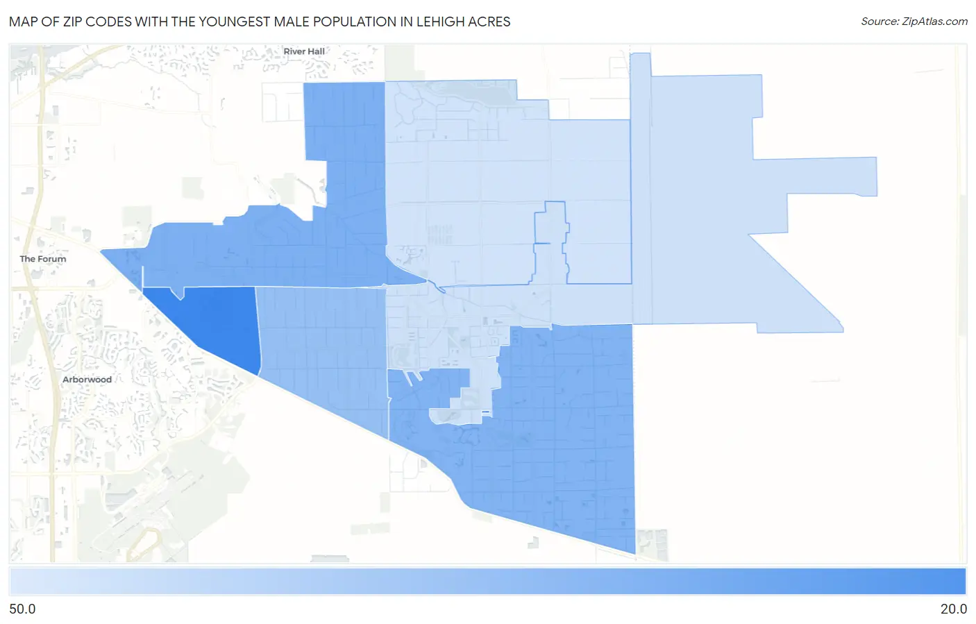 Zip Codes with the Youngest Male Population in Lehigh Acres Map