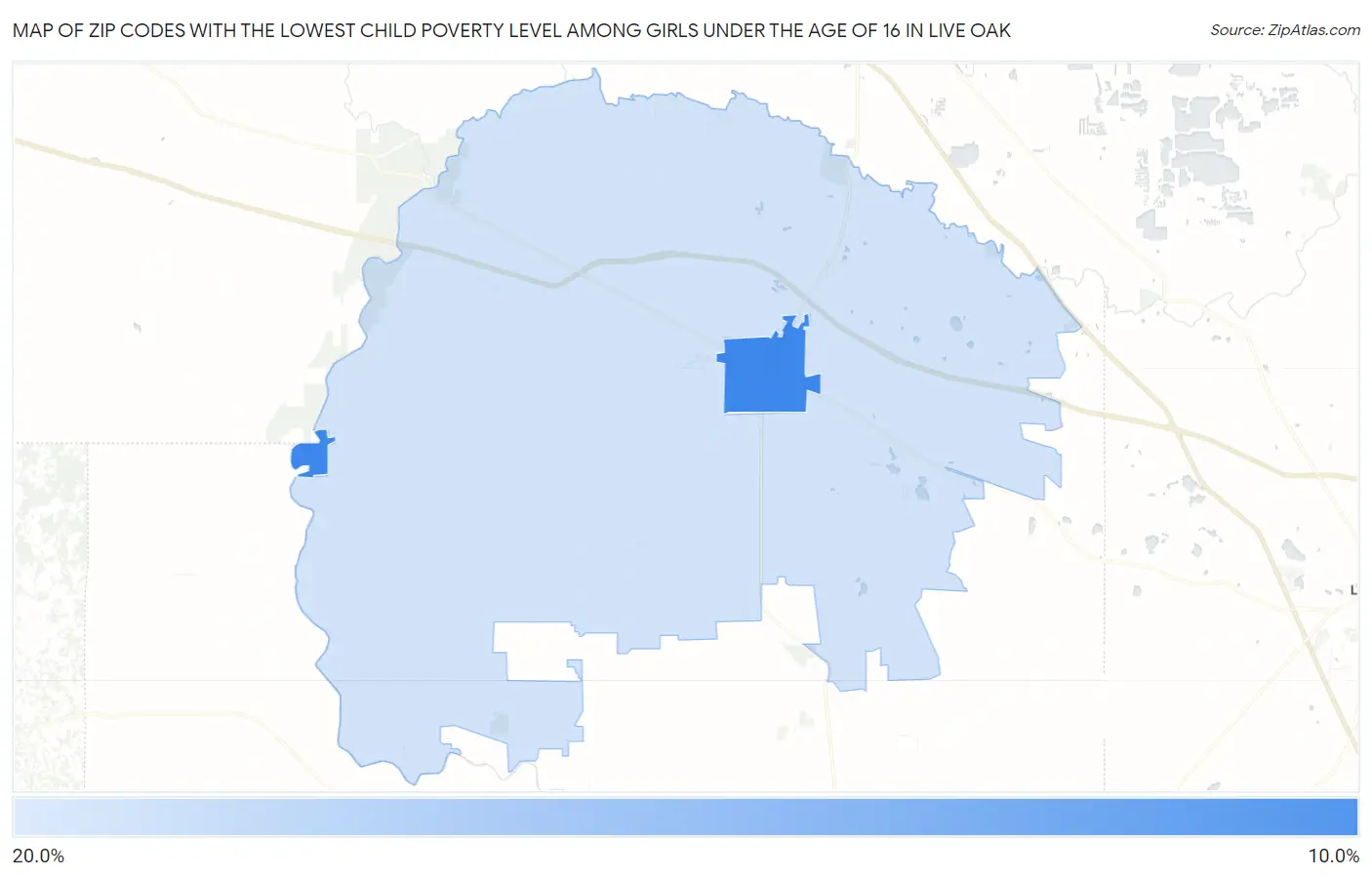 Zip Codes with the Lowest Child Poverty Level Among Girls Under the Age of 16 in Live Oak Map