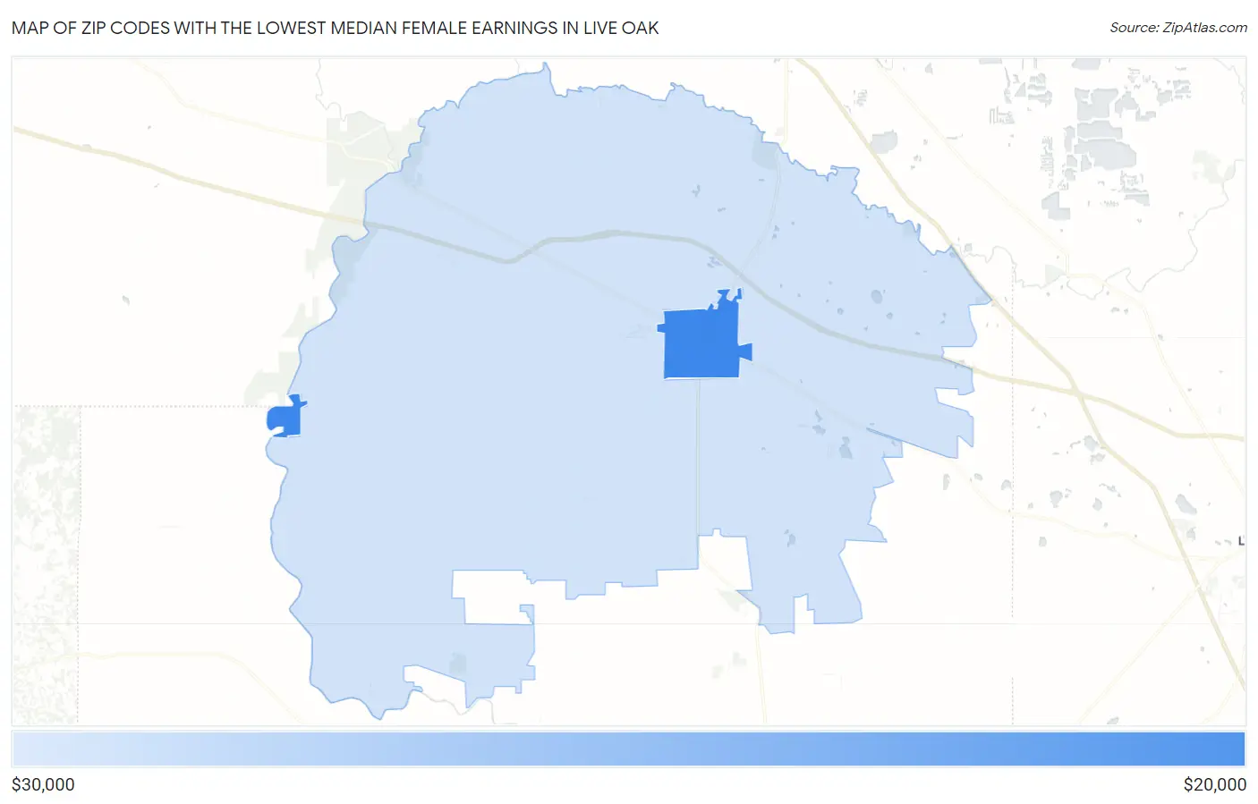 Zip Codes with the Lowest Median Female Earnings in Live Oak Map