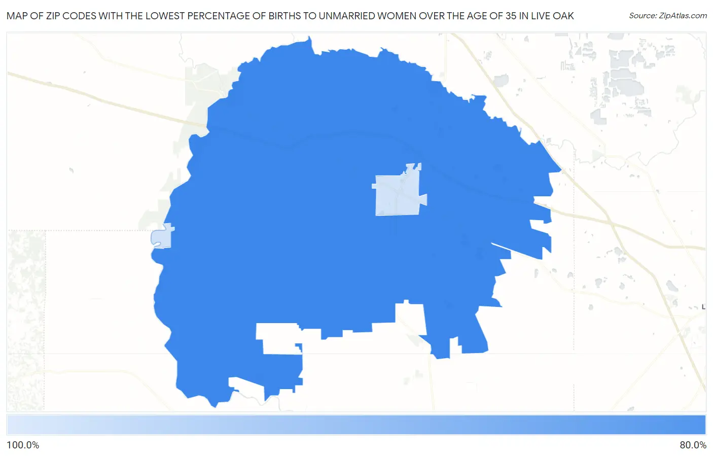 Zip Codes with the Lowest Percentage of Births to Unmarried Women over the Age of 35 in Live Oak Map