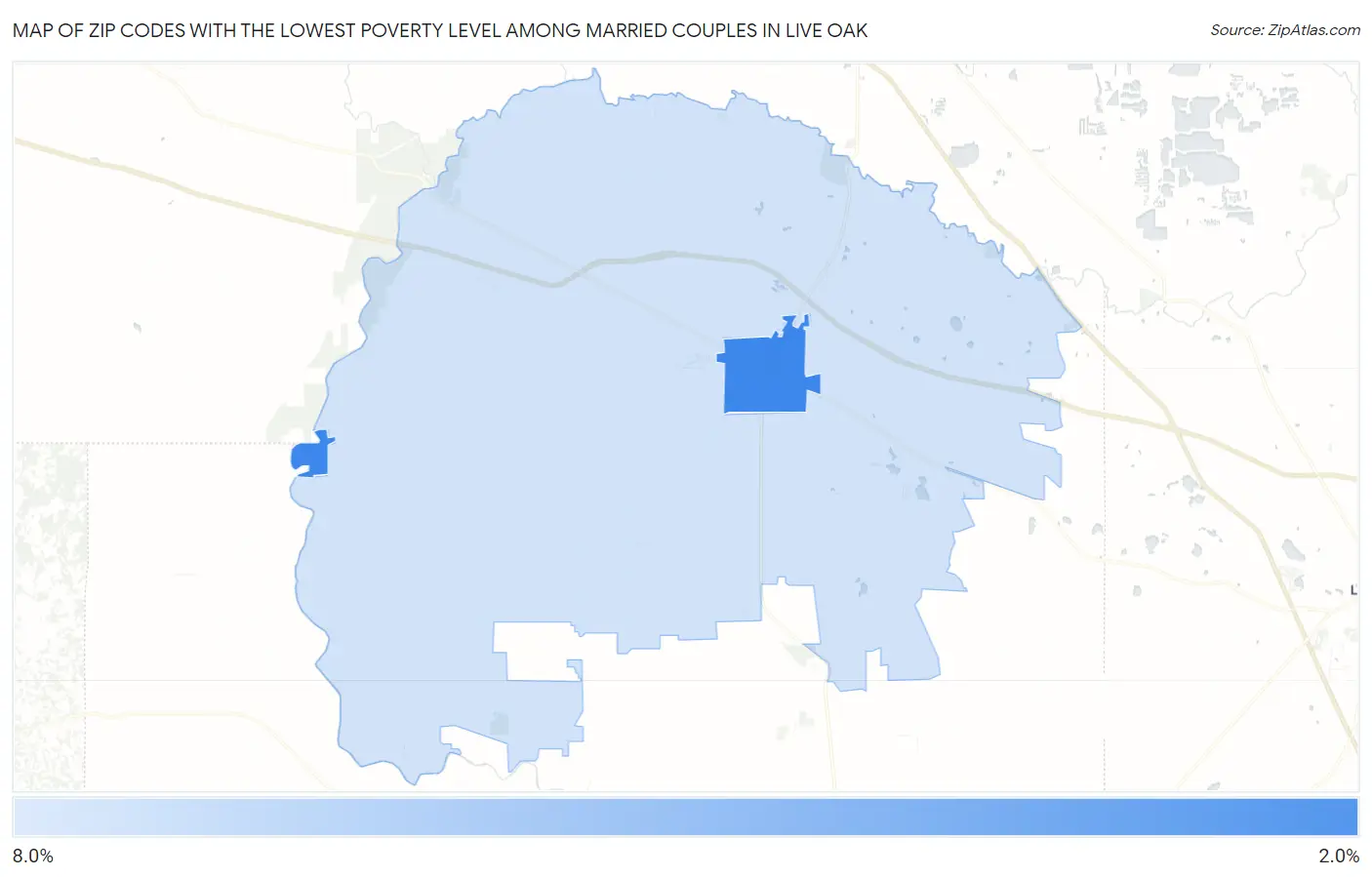 Zip Codes with the Lowest Poverty Level Among Married Couples in Live Oak Map