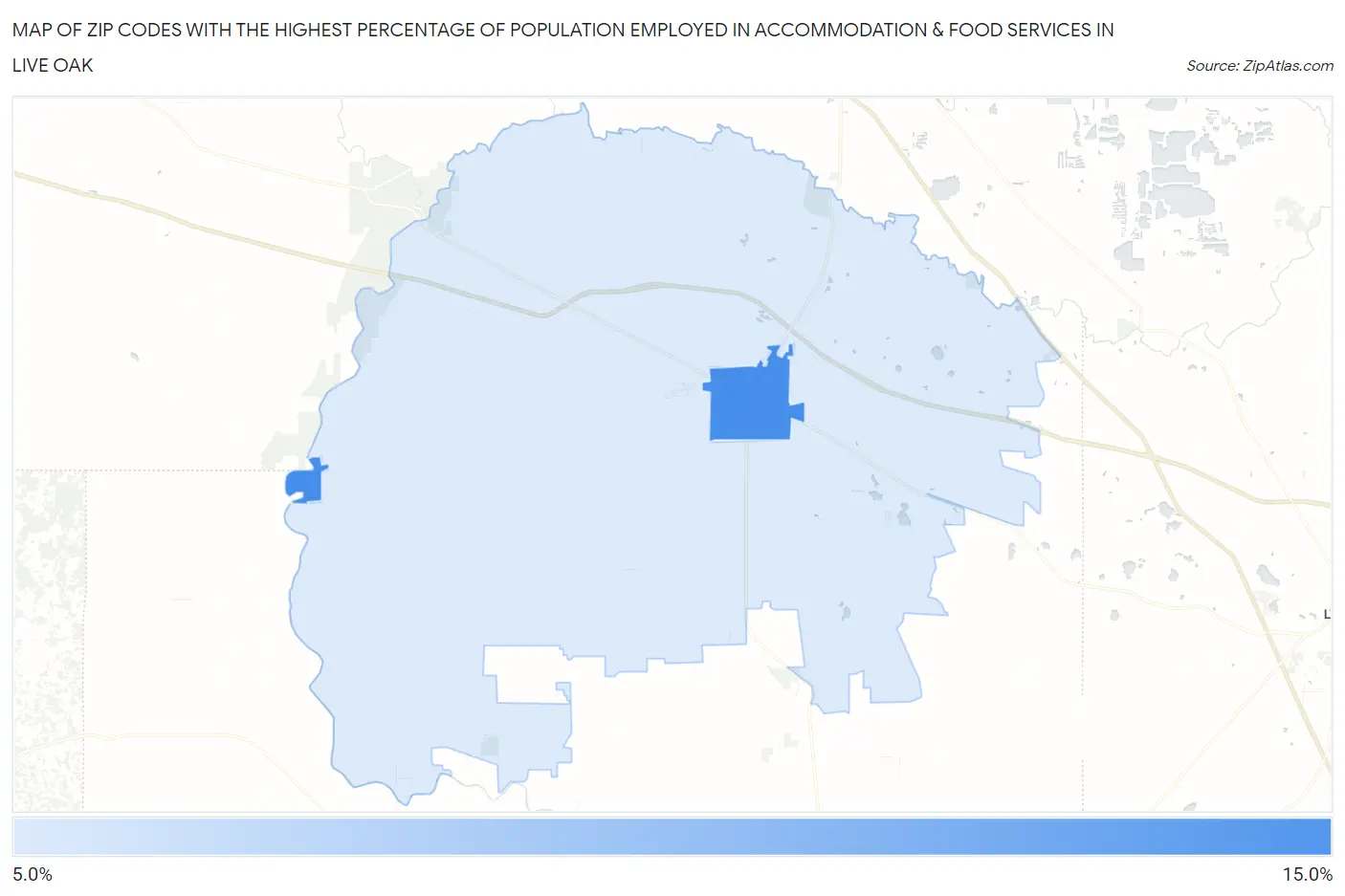 Zip Codes with the Highest Percentage of Population Employed in Accommodation & Food Services in Live Oak Map