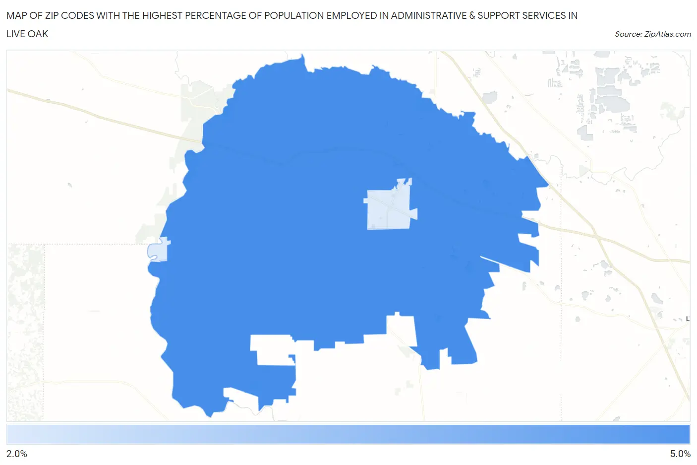 Zip Codes with the Highest Percentage of Population Employed in Administrative & Support Services in Live Oak Map