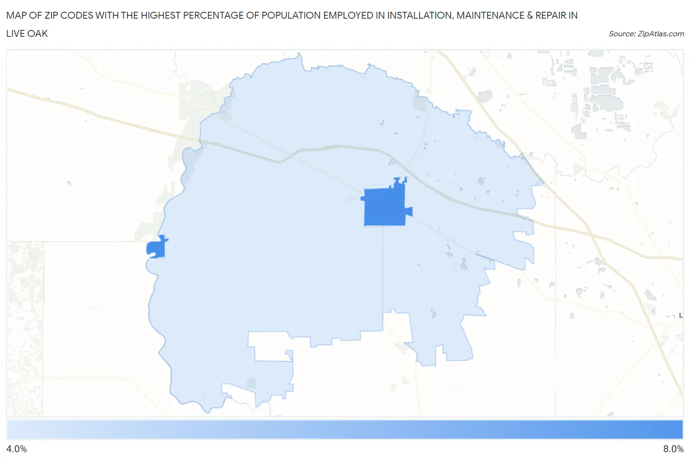 Zip Codes with the Highest Percentage of Population Employed in Installation, Maintenance & Repair in Live Oak Map