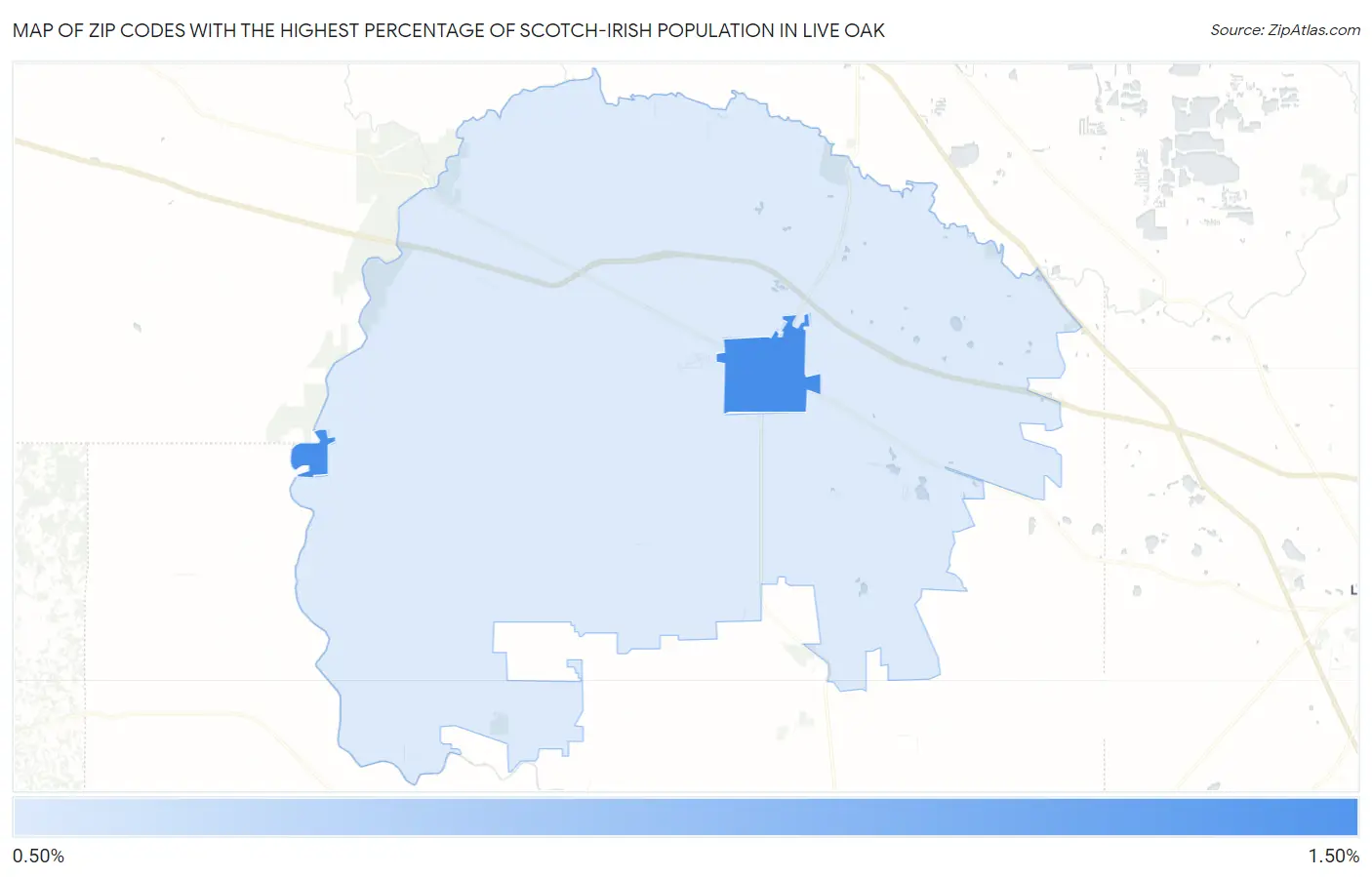 Zip Codes with the Highest Percentage of Scotch-Irish Population in Live Oak Map