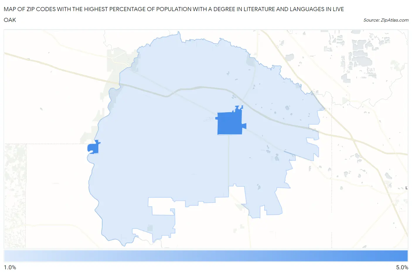 Zip Codes with the Highest Percentage of Population with a Degree in Literature and Languages in Live Oak Map