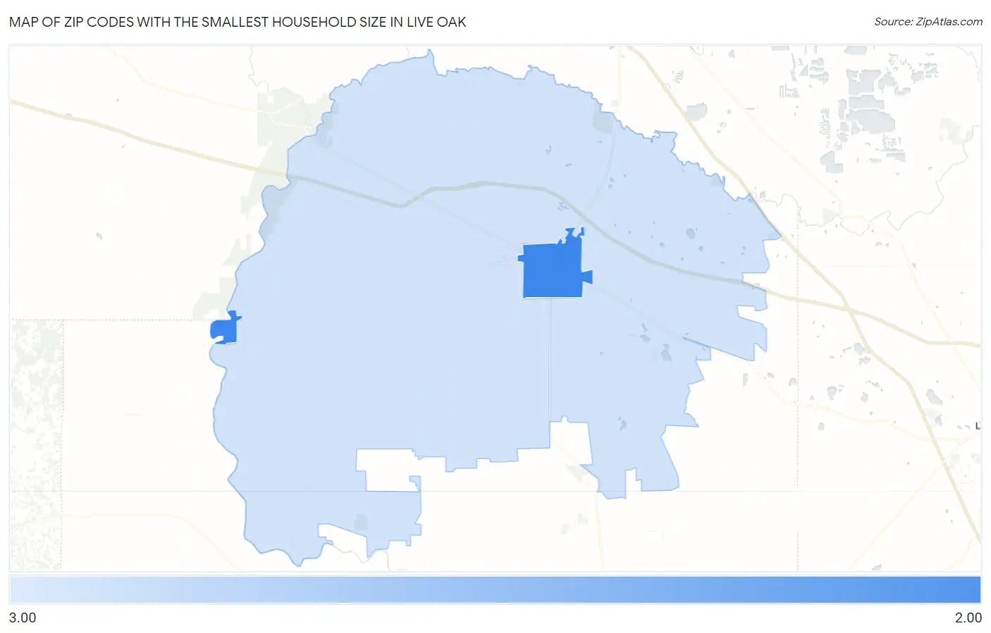 Zip Codes with the Smallest Household Size in Live Oak Map