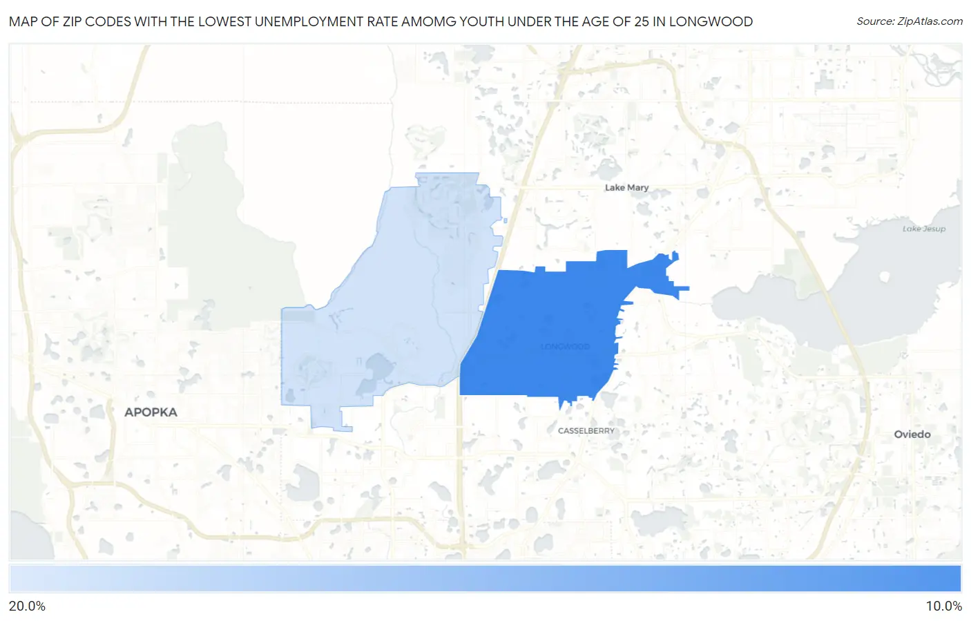 Zip Codes with the Lowest Unemployment Rate Amomg Youth Under the Age of 25 in Longwood Map