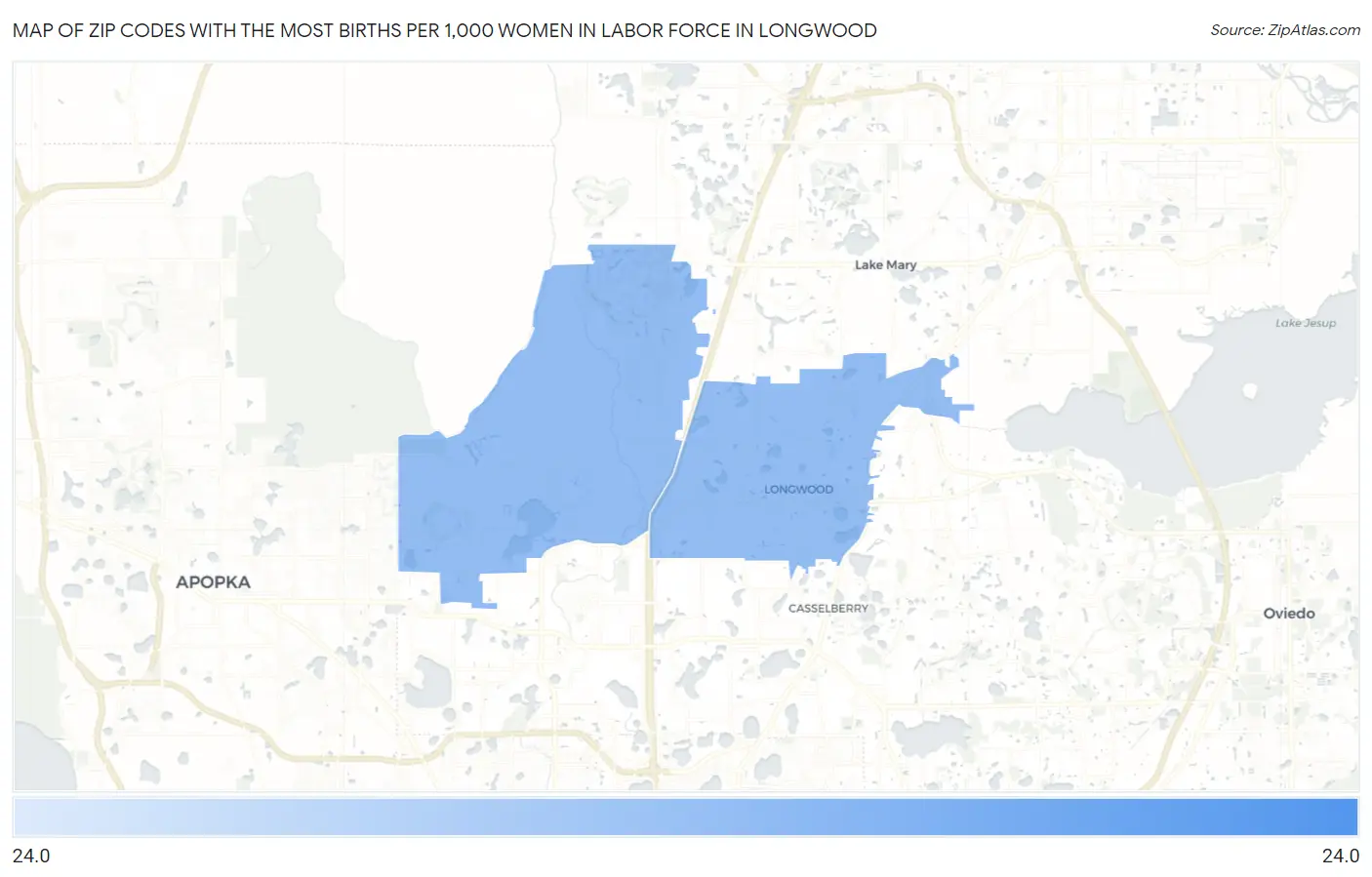 Zip Codes with the Most Births per 1,000 Women in Labor Force in Longwood Map