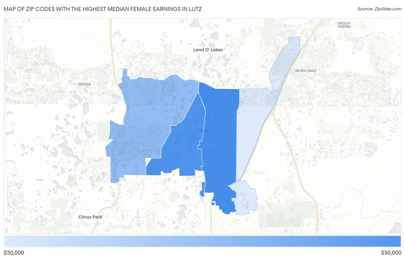 Zip Codes with the Highest Median Female Earnings in Lutz Map