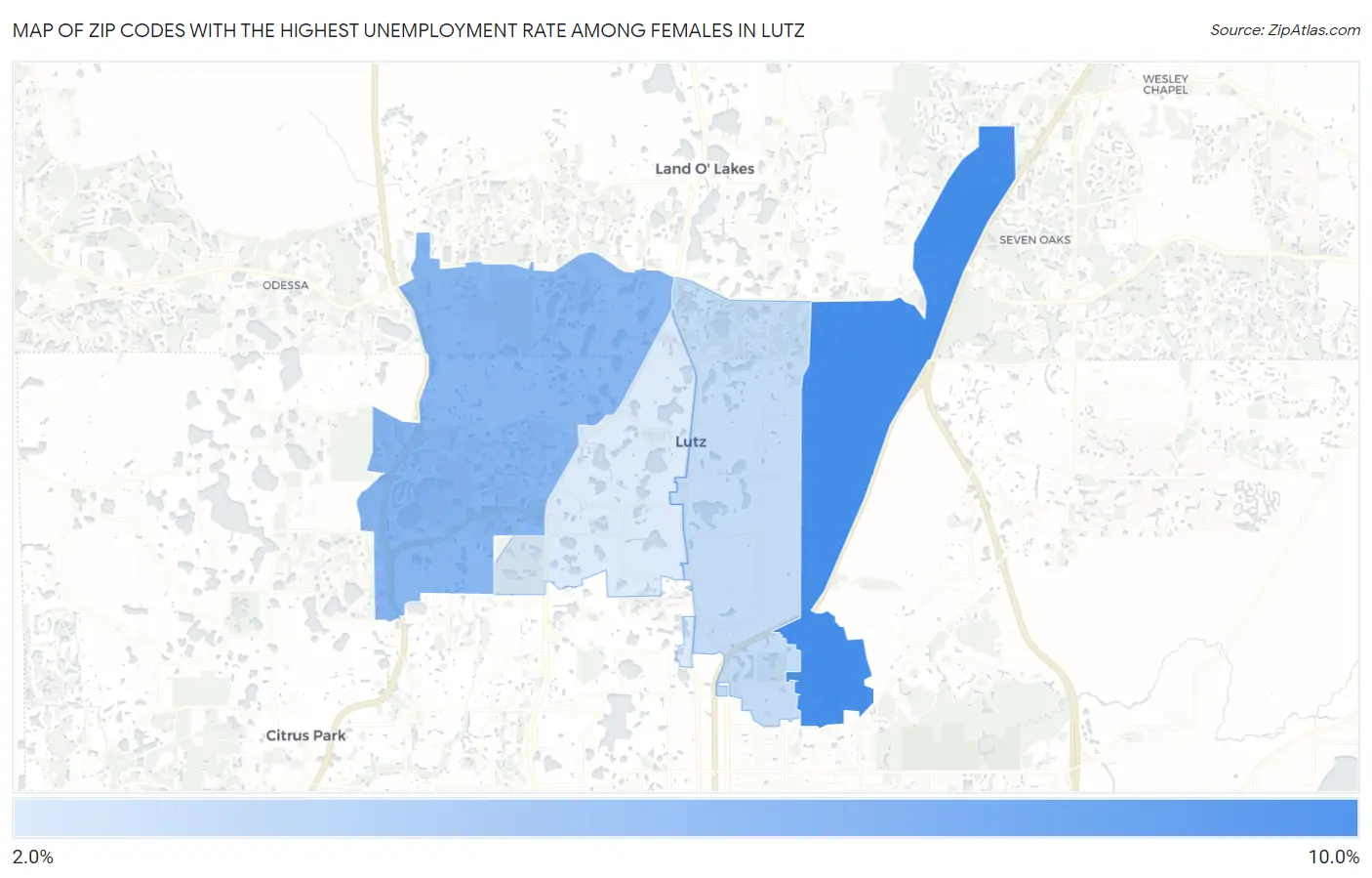 Zip Codes with the Highest Unemployment Rate Among Females in Lutz Map