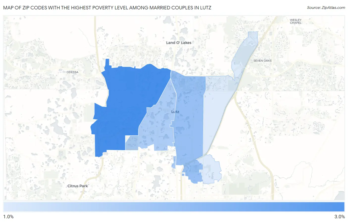 Zip Codes with the Highest Poverty Level Among Married Couples in Lutz Map