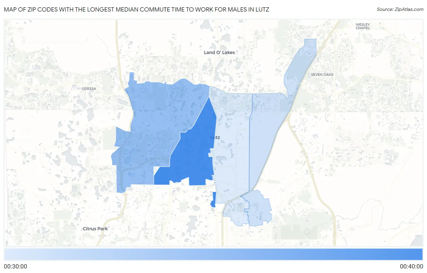 Zip Codes with the Longest Median Commute Time to Work for Males in Lutz Map