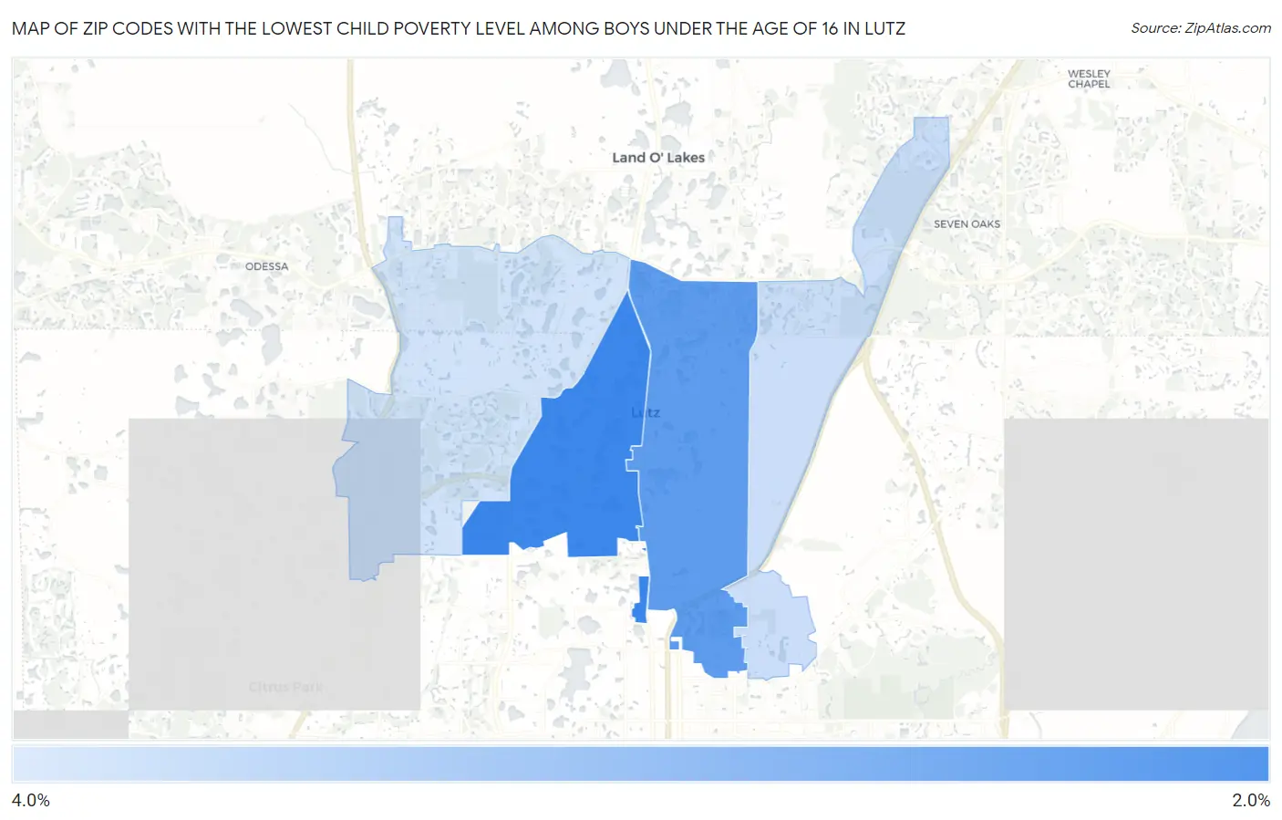 Zip Codes with the Lowest Child Poverty Level Among Boys Under the Age of 16 in Lutz Map