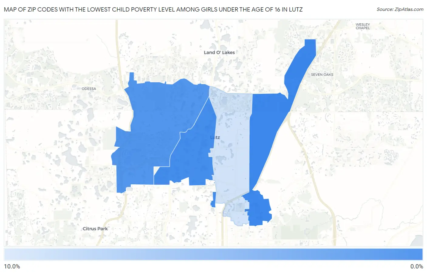 Zip Codes with the Lowest Child Poverty Level Among Girls Under the Age of 16 in Lutz Map