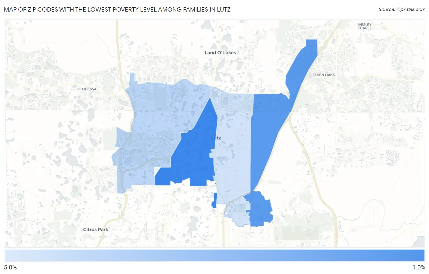 Zip Codes with the Lowest Poverty Level Among Families in Lutz Map