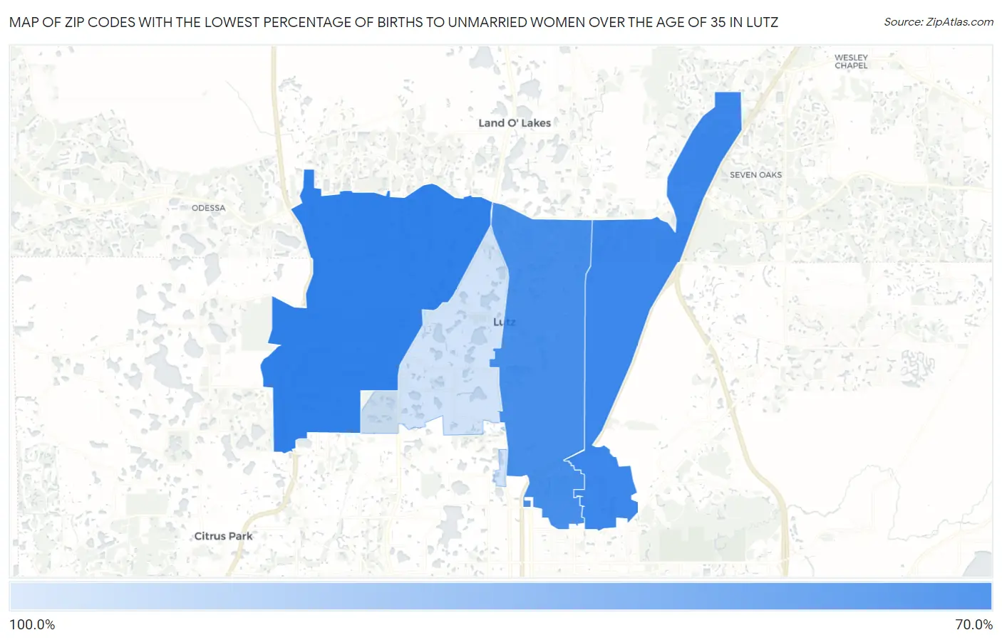 Zip Codes with the Lowest Percentage of Births to Unmarried Women over the Age of 35 in Lutz Map