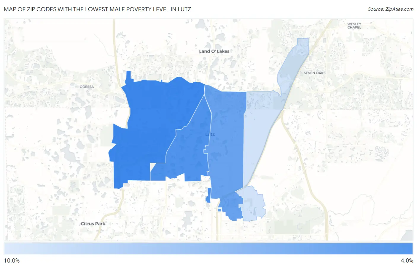 Zip Codes with the Lowest Male Poverty Level in Lutz Map