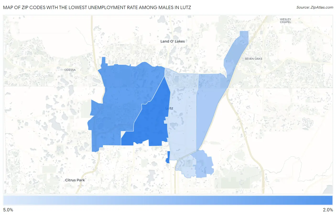 Zip Codes with the Lowest Unemployment Rate Among Males in Lutz Map
