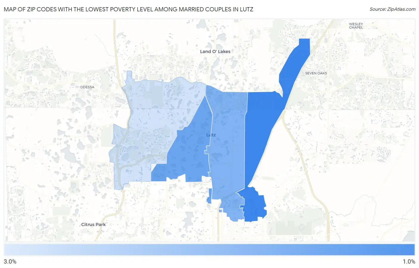 Zip Codes with the Lowest Poverty Level Among Married Couples in Lutz Map