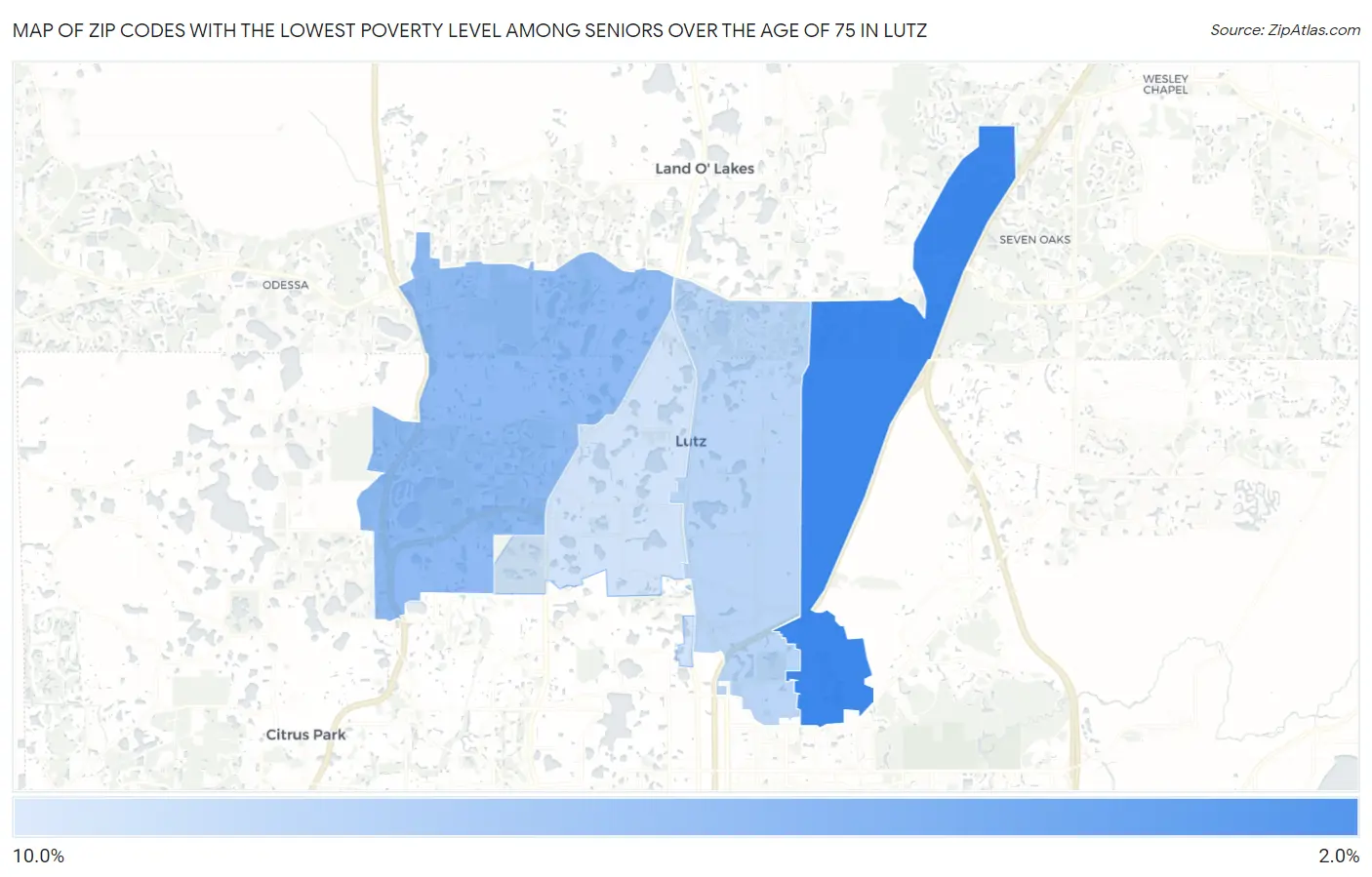 Zip Codes with the Lowest Poverty Level Among Seniors Over the Age of 75 in Lutz Map