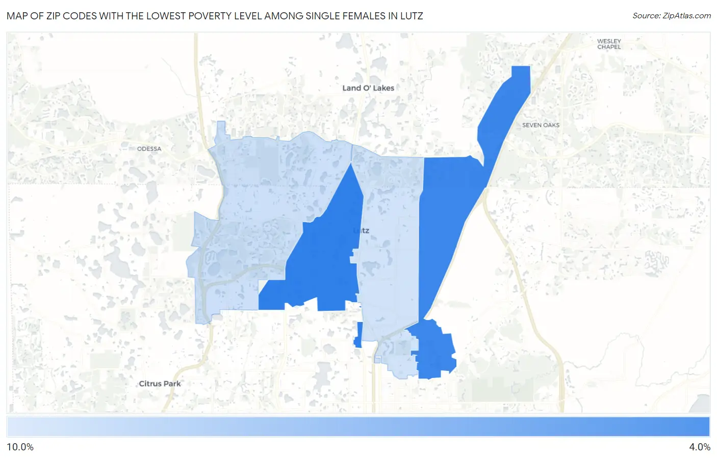 Zip Codes with the Lowest Poverty Level Among Single Females in Lutz Map