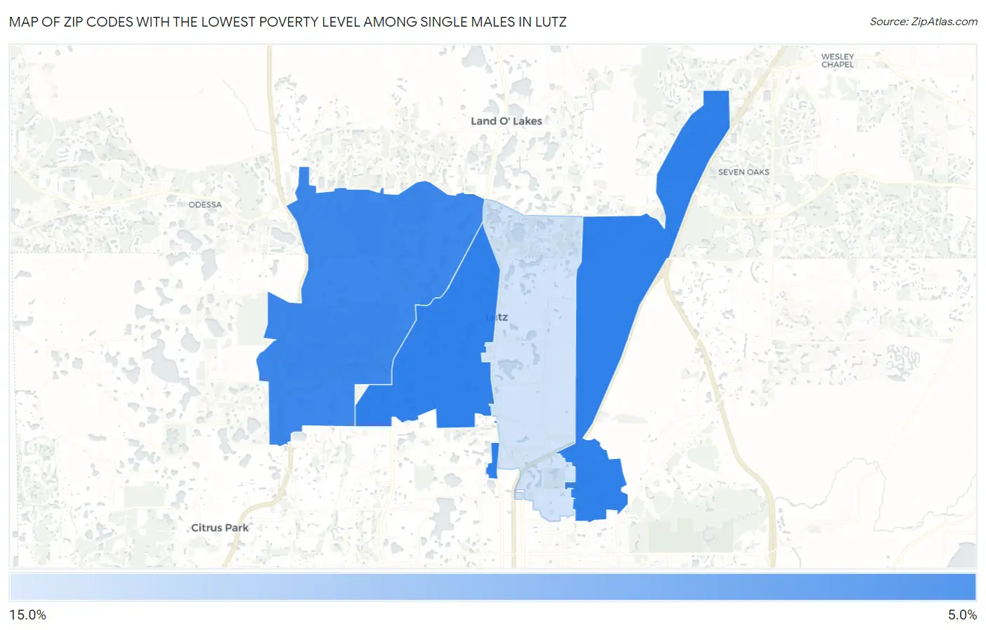 Zip Codes with the Lowest Poverty Level Among Single Males in Lutz Map