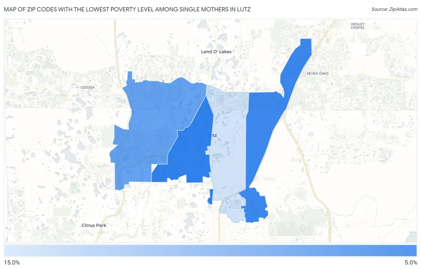 Zip Codes with the Lowest Poverty Level Among Single Mothers in Lutz Map