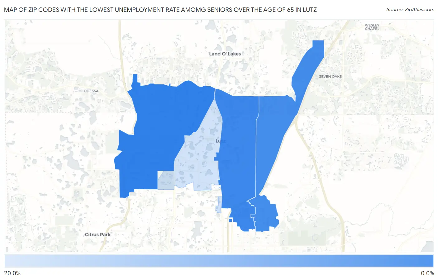 Zip Codes with the Lowest Unemployment Rate Amomg Seniors Over the Age of 65 in Lutz Map