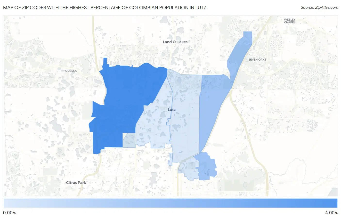 Zip Codes with the Highest Percentage of Colombian Population in Lutz Map