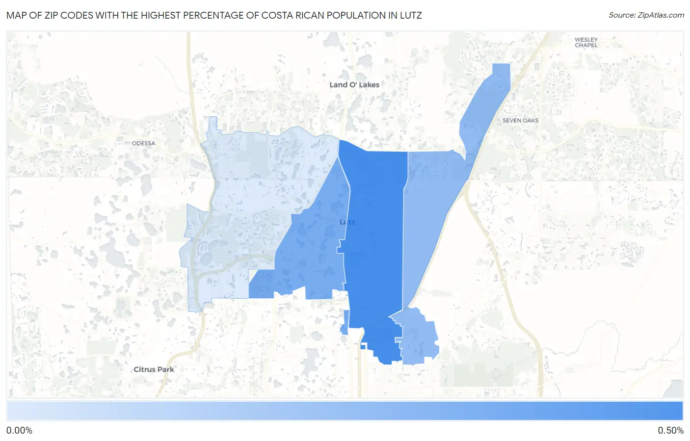 Zip Codes with the Highest Percentage of Costa Rican Population in Lutz Map