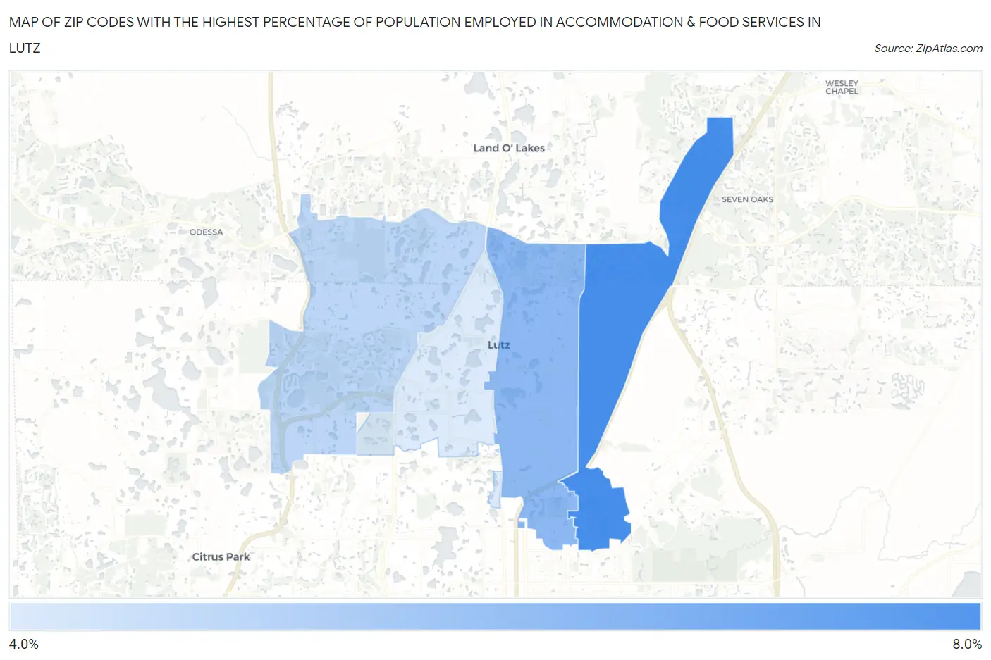 Zip Codes with the Highest Percentage of Population Employed in Accommodation & Food Services in Lutz Map