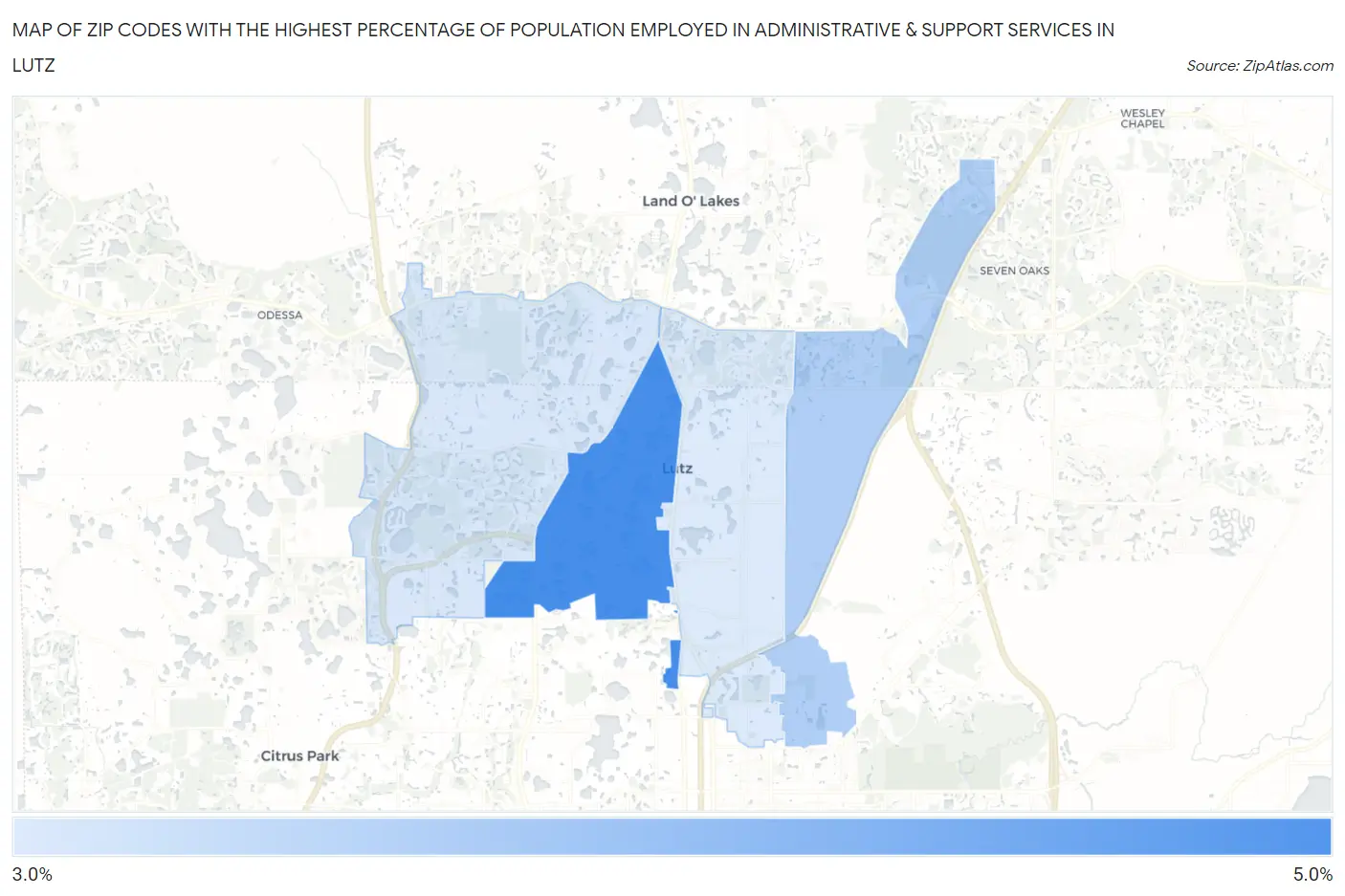 Zip Codes with the Highest Percentage of Population Employed in Administrative & Support Services in Lutz Map